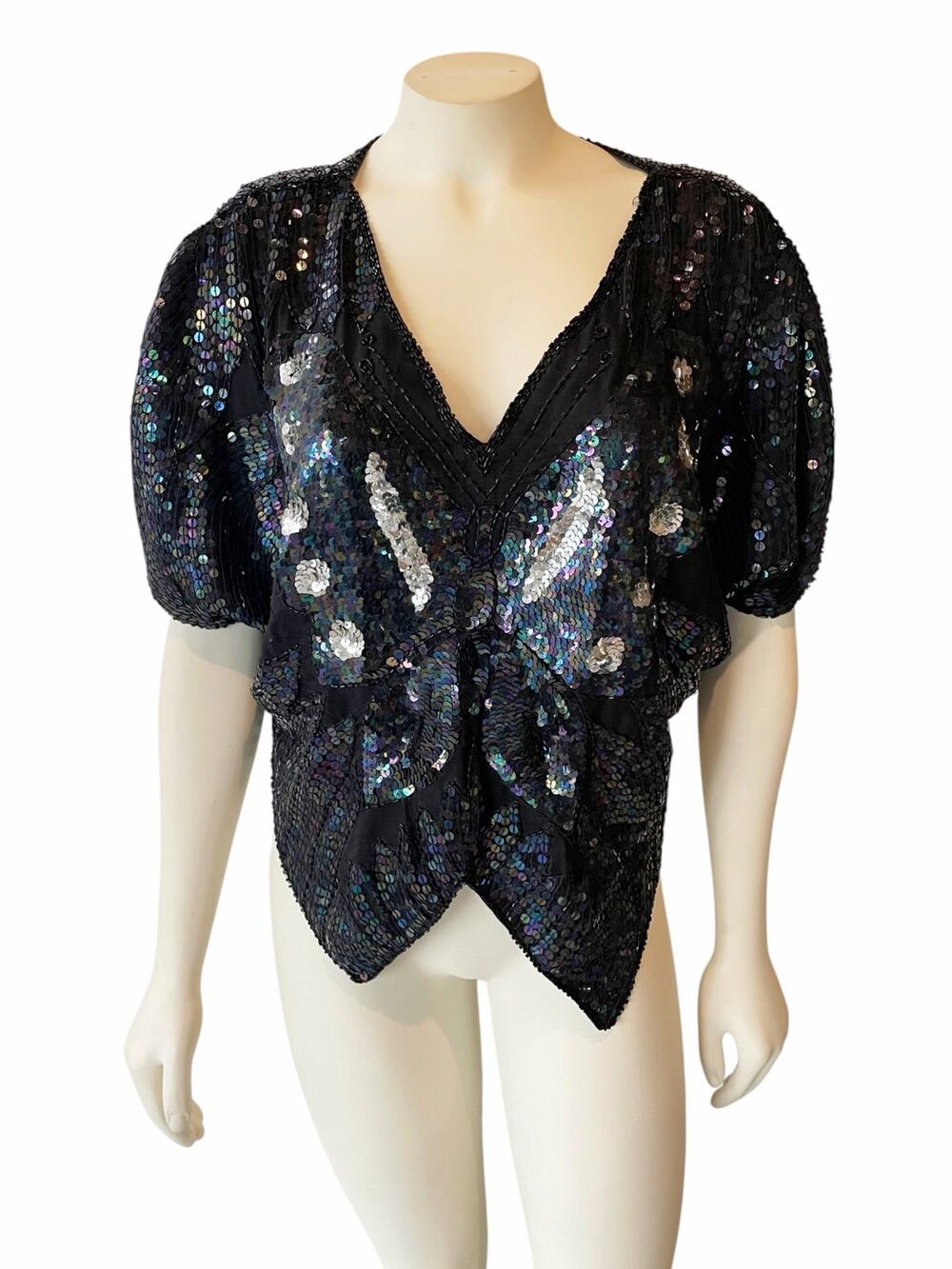 Vintage Sequined Butterfly Top Silk Black Iridescent Beaded V-Neck Short Sleeve